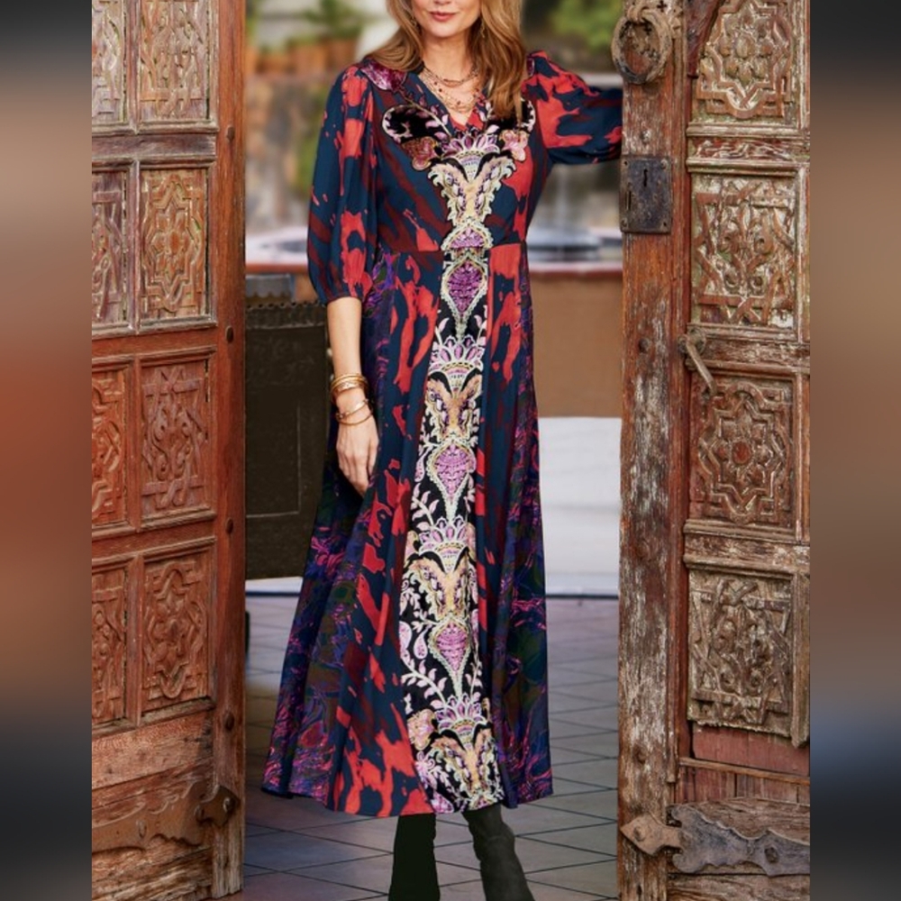 Soft Surroundings Epiphany Maxi Dress Velvet Floral Mixed Panel Rayon Plus SZ 14
